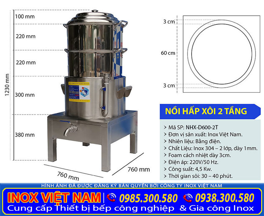 Thông số kỹ thuật nồi hấp xôi bằng điện giá tốt tại Inox Việt Nam được lựa chọn nhiều.