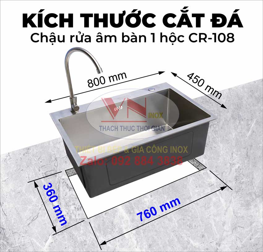 Kích Thước Khoét Mặt Đá Chậu Rửa Inox Âm Bàn 1 Hộc CR-108