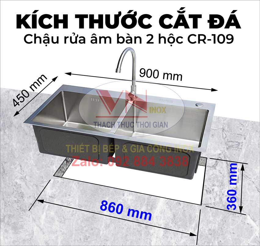 Kích Thước Khoét Cắt Mặt Đá Chậu Rửa Inox Âm Bàn 2 Hộc CR-109