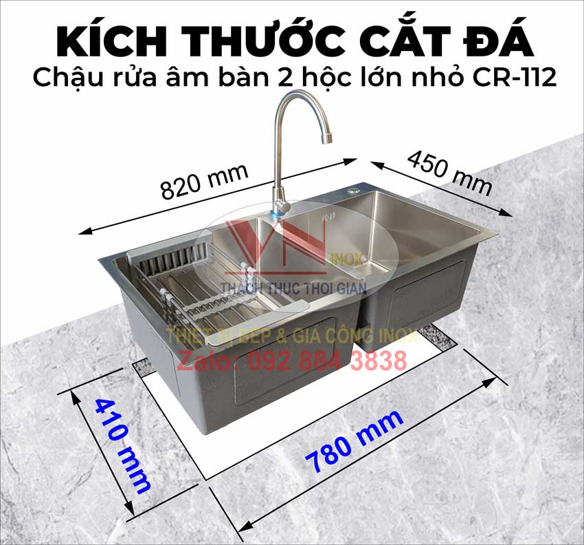 Kích Thước Khoét Cắt Mặt Đá Chậu Rửa Inox Âm Bàn Hộc Lớn Nhỏ CR-112