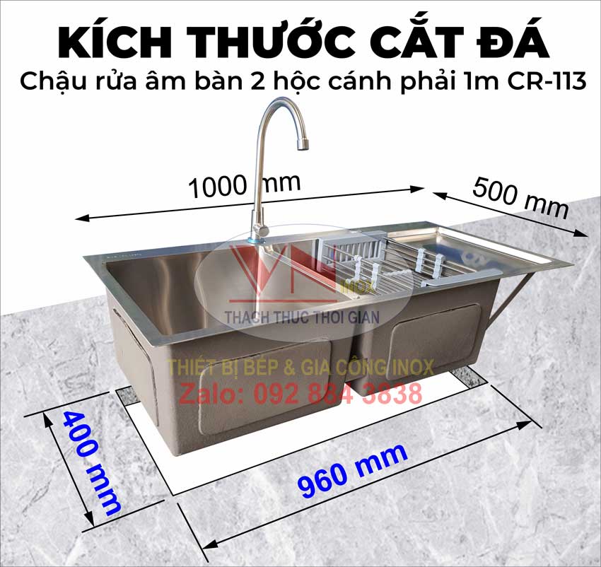 Kích Thước Khoét Cắt Mặt Đá Chậu Rửa Âm Bàn 2 Hộc Cánh Phải 1M CR-113