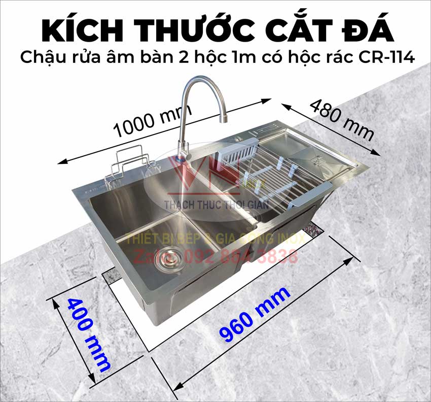 Kích Thước Khoét Cắt Mặt Đá Chậu Rửa Inox Âm 2 Hộc Cánh Phải 1M CR-114