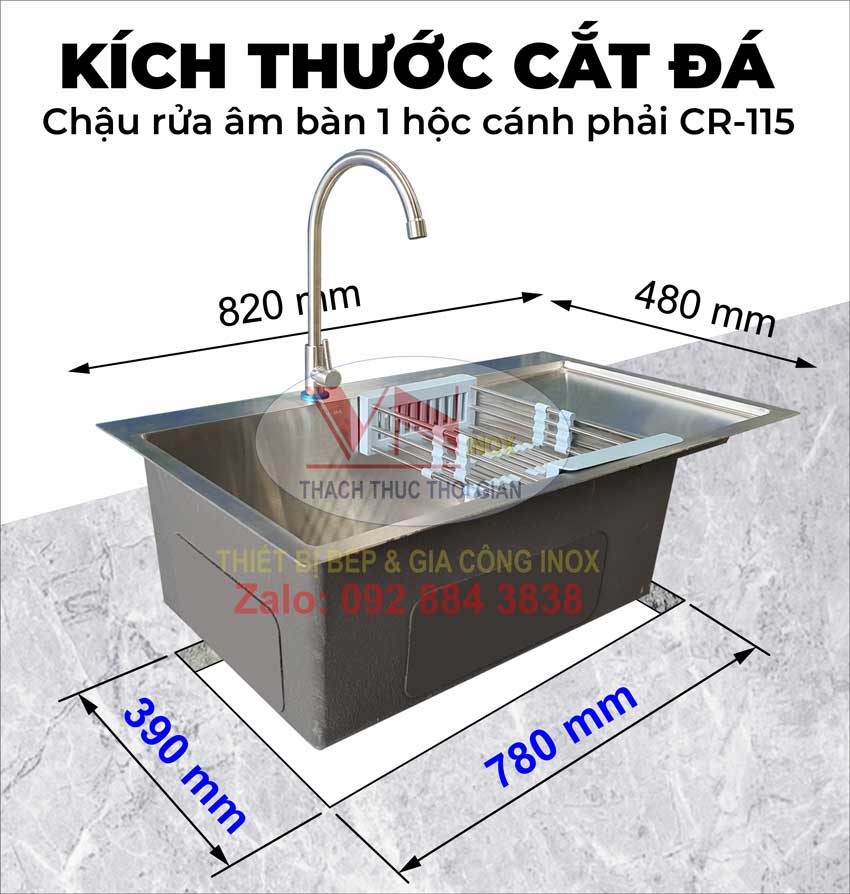 Kích Thước Khoét Cắt Mặt Đá Chậu Rửa Inox Âm Bàn 1 Hộc Cánh Phải CR-115