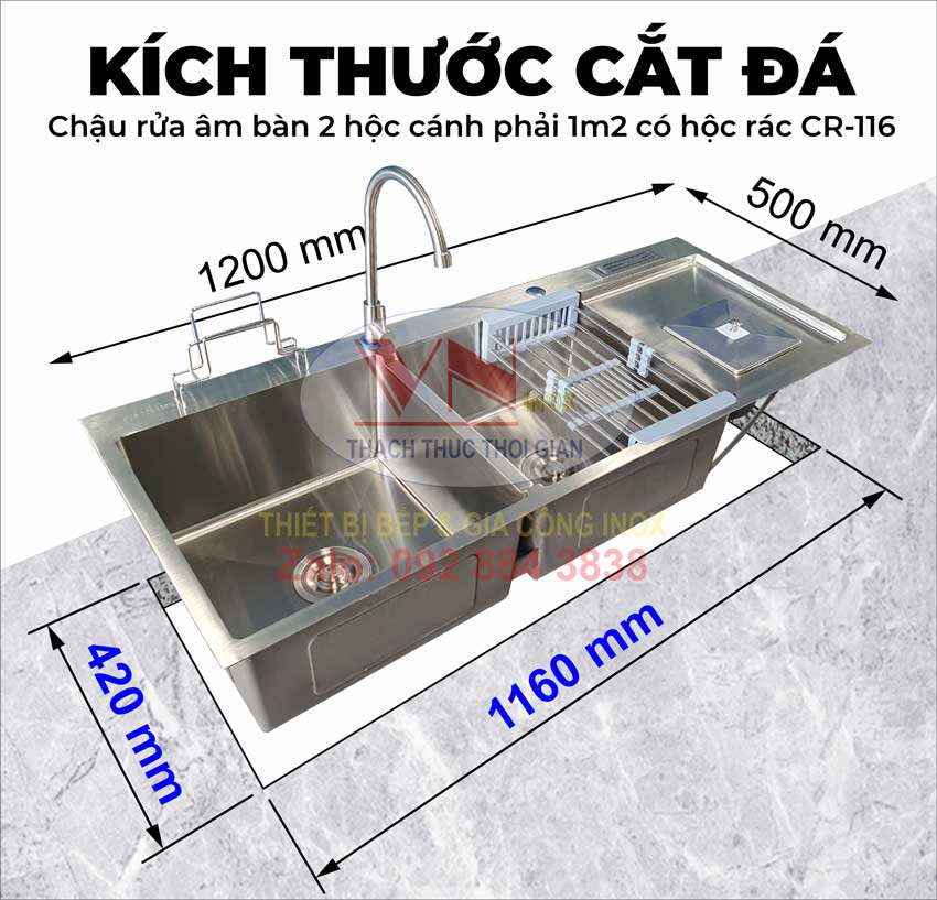 Kích Thước Khoét Cắt Mặt Đá Chậu Rửa Inox Âm Bàn 2 Hộc Cánh Phải 1M2 CR-116