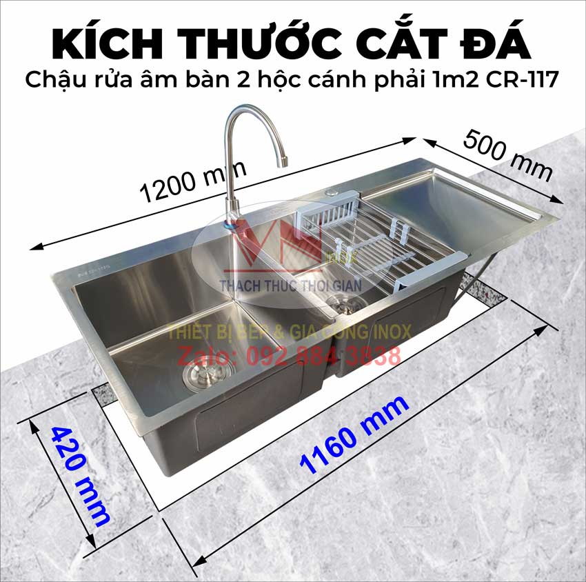 Kích Thước Khoét Cắt Mặt Đá Chậu Rửa Inox Âm Bàn 2 Hộc Cánh Phải 1M2 CR-117