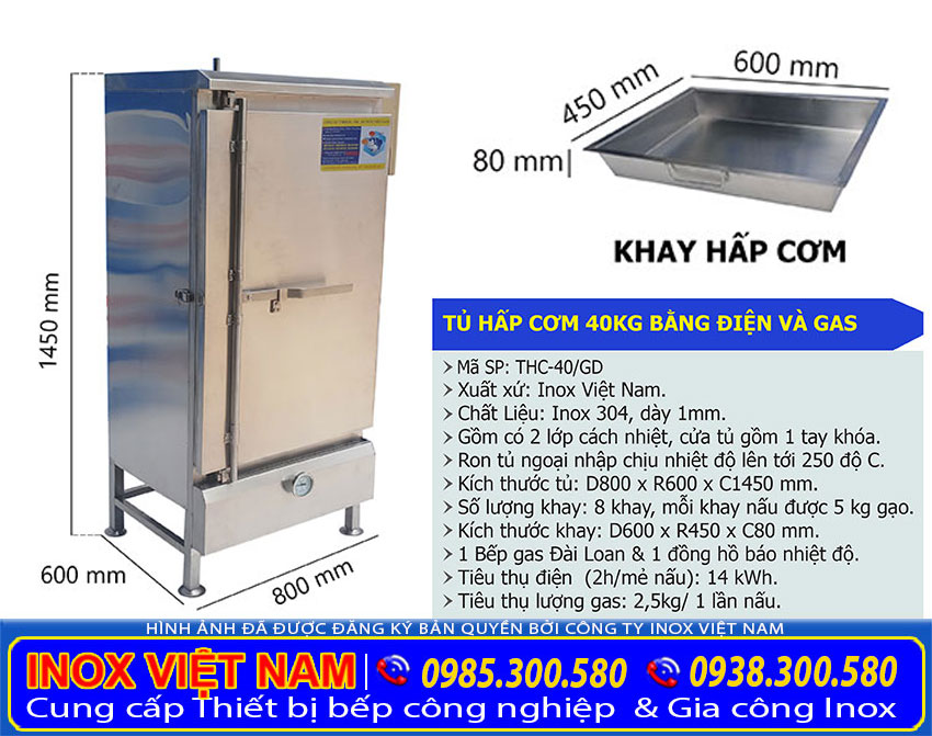 Kích thước Tủ Hấp Cơm 40KG Bằng Điện Và Gas