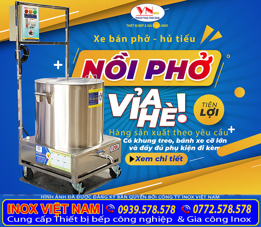 Sản phẩm nồi nấu phở bằng điện 120 lít có khung treo hộp điện rất tiện lợi khi sử dụng.