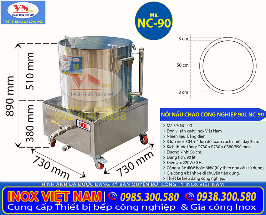 Kích thước của nồi điện nấu cháo công nghiệp 90 lít giá xưởng Inox Việt Nam. Mã: NC-90