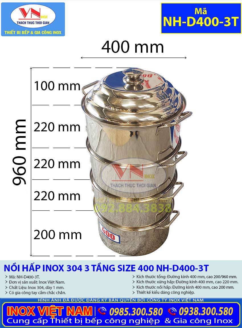 Xem Thông Số Kỹ Thuật Bộ Xoong Nồi Inox 304 3 Tầng Size 400 NH-D400-3T