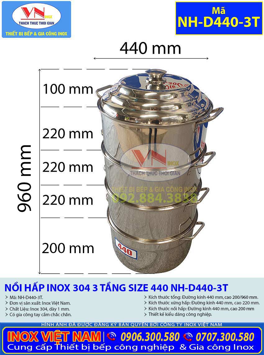 Xem Thông Số Kỹ Thuật Bộ Xoong Nồi Hấp Inox 304 3 Tầng Size 440 NH-D440-3T