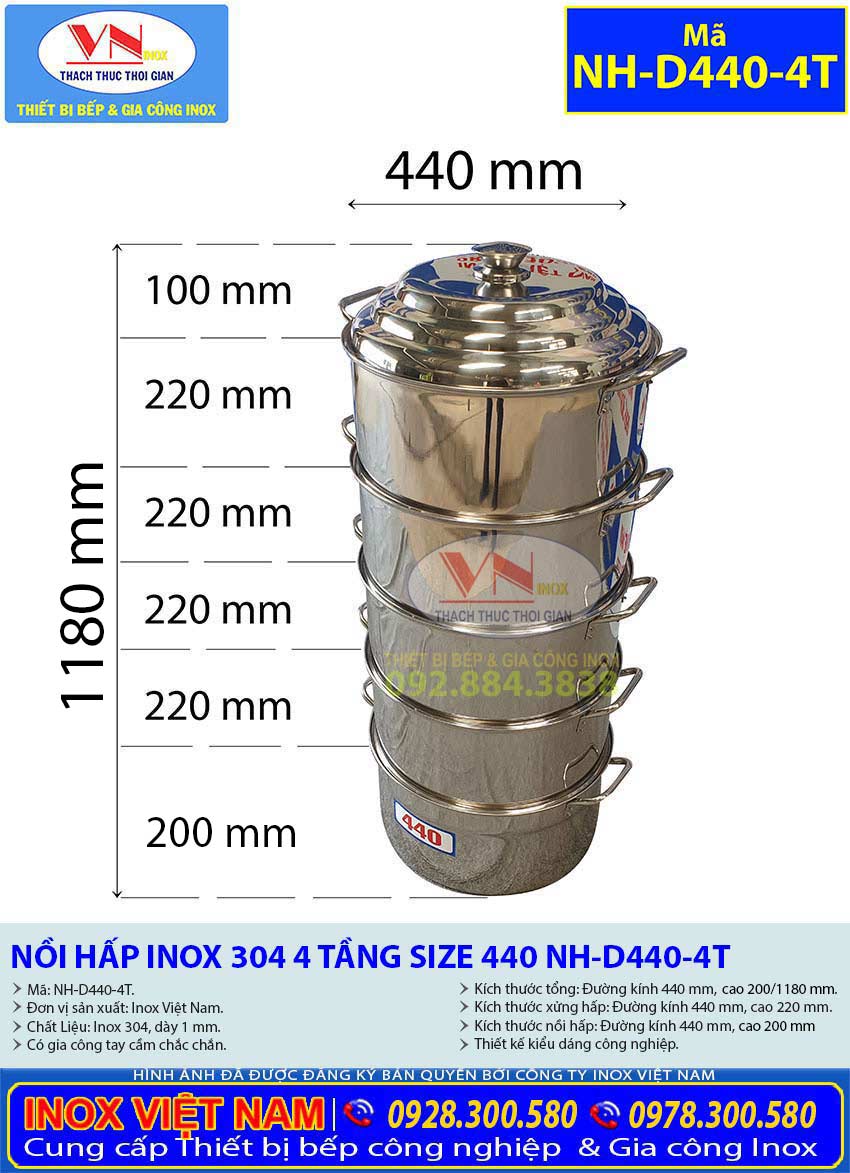 Xem Thông Số Kỹ Thuật Bộ Xoong Nồi Hấp Inox 304 4 Tầng Size 440 NH-D440-4T