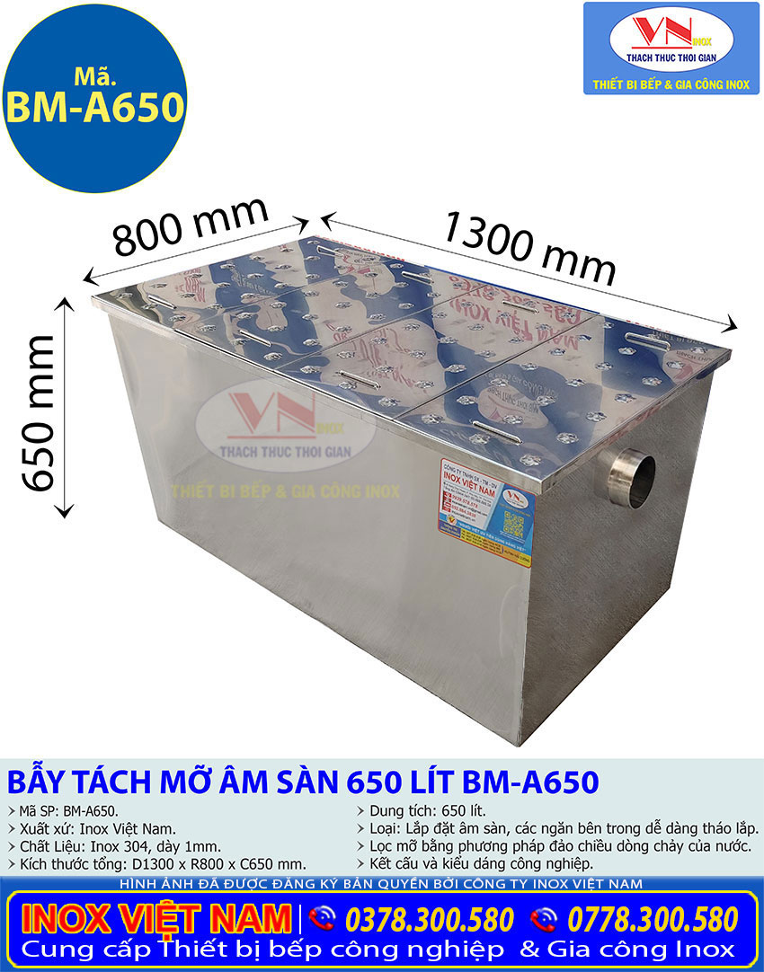 Thông số kỹ thuật thùng bể tách mỡ inox thu gôm rác nhà bếp 650 lít BM-A650