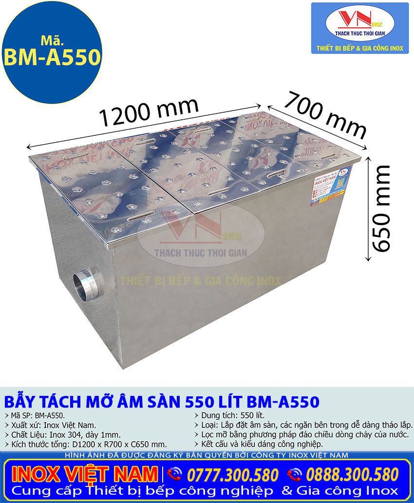 Thông số kỹ thuật bẫy mỡ inox thu gom rác nhà hàng 550 lít BM-A550