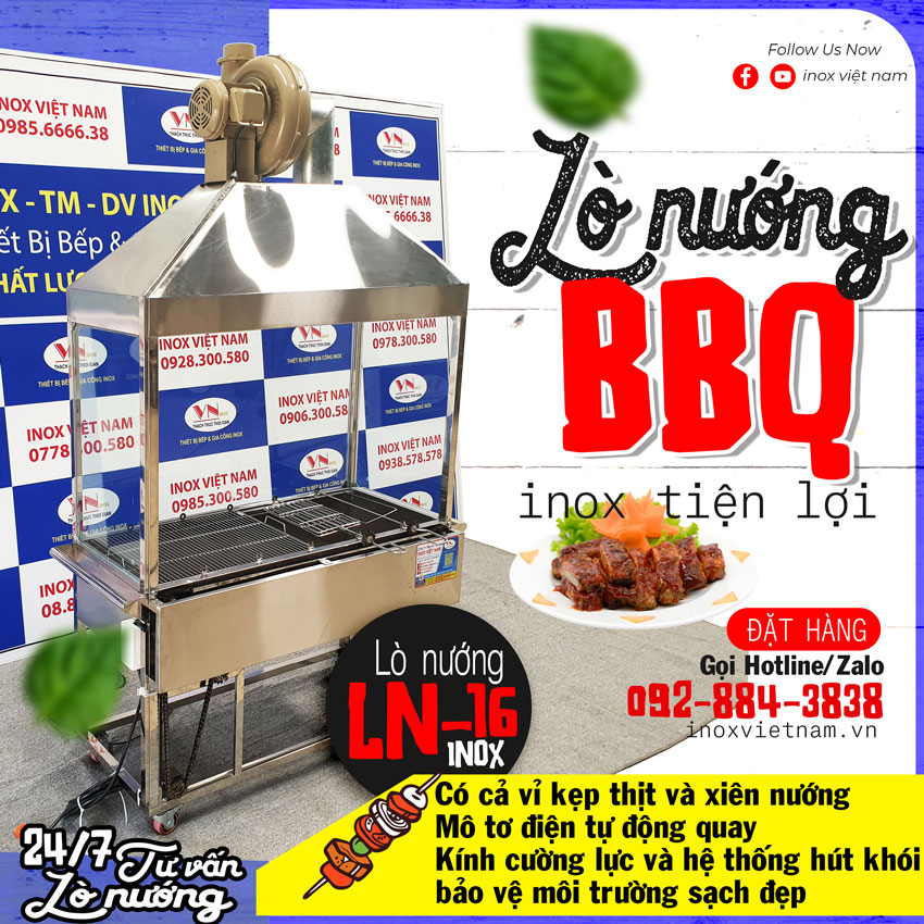 Đây là địa chỉ bán bếp nướng than inox BBQ có xiên que tự quay và ống hút khói mã LN-16 tại Inox Việt Nam. Hãy liên hệ ngay