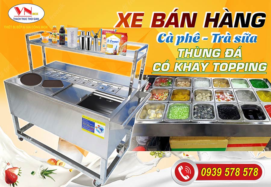 Mẫu thùng đá inox có khay topping giữ nhiệt giá cực kỳ tốt tại xưởng Inox Việt Nam sản xuất