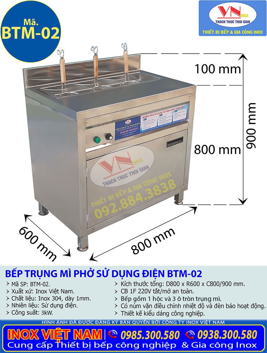 Thông số kỹ thuật bếp trụng mì phở sử dụng điện BTM-02