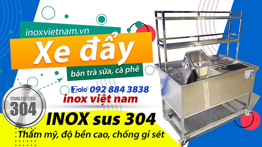 Mẫu xe đẩy thùng đá inox có khay topping bán cafe trà sữa giá tốt không thể bỏ qua