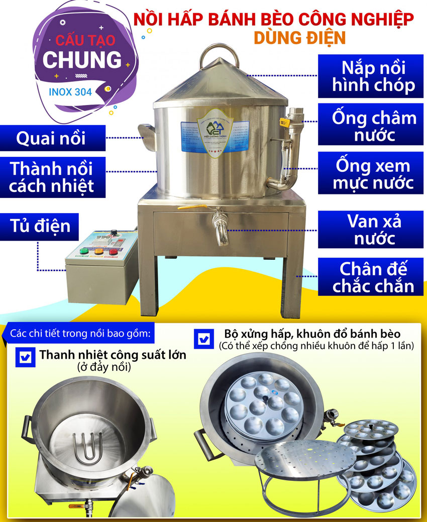 Cấu tạo của nồi hấp bánh bèo chén xoáy công suất lớn nhà Inox Việt Nam hân hạnh phục vụ khách hàng trên toàn quốc hiện nay