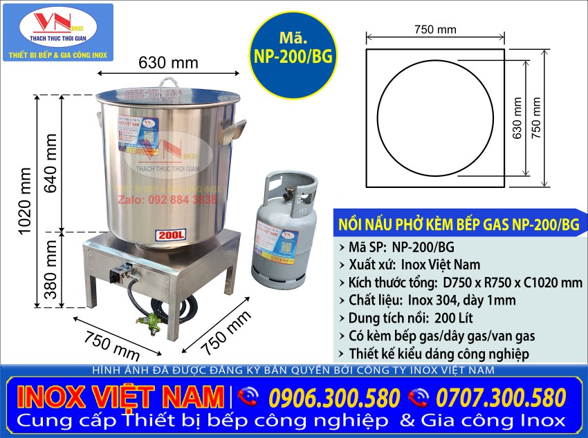 Thông số kỹ thuật bộ nồi inox lớn 200 lít nấu phở kèm bếp gas NP-200/BG