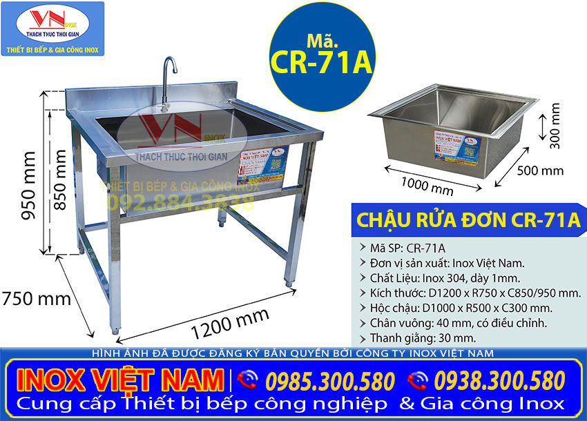 Chậu Rửa Chén 1 Ngăn Lớn Inox 304 CR-71A