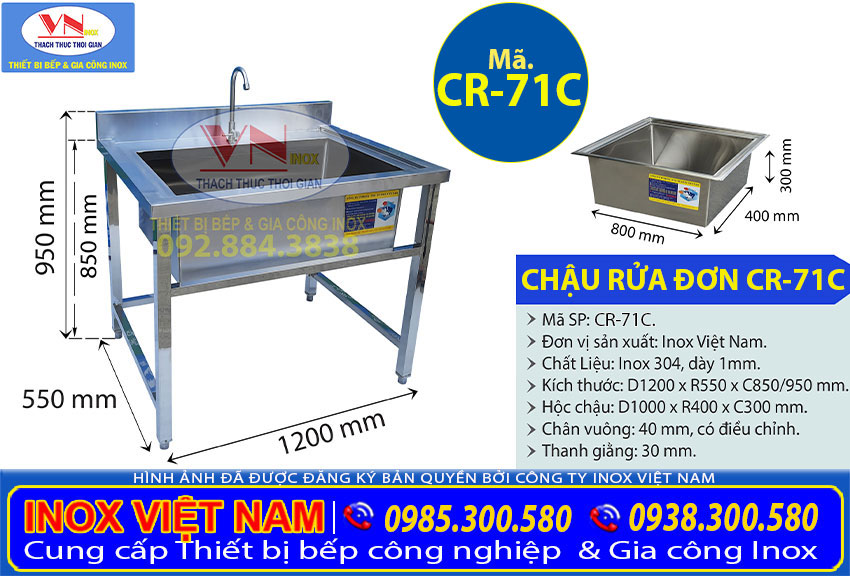 Chậu Rửa Chén 1 Ngăn Lớn Inox 304 CR-71C