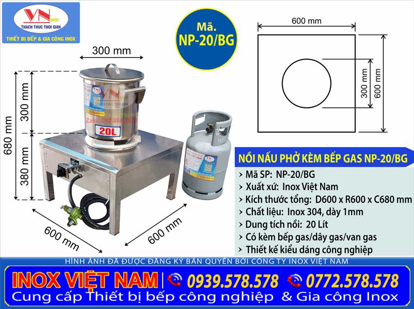 Thông số kỹ thuật nồi inox nấu phở 20 lít kèm bếp gas NP-20/BG