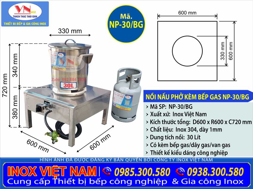 Thông số kỹ thuật nồi inox nấu phở 30 lít kèm bếp gas NP-30/BG